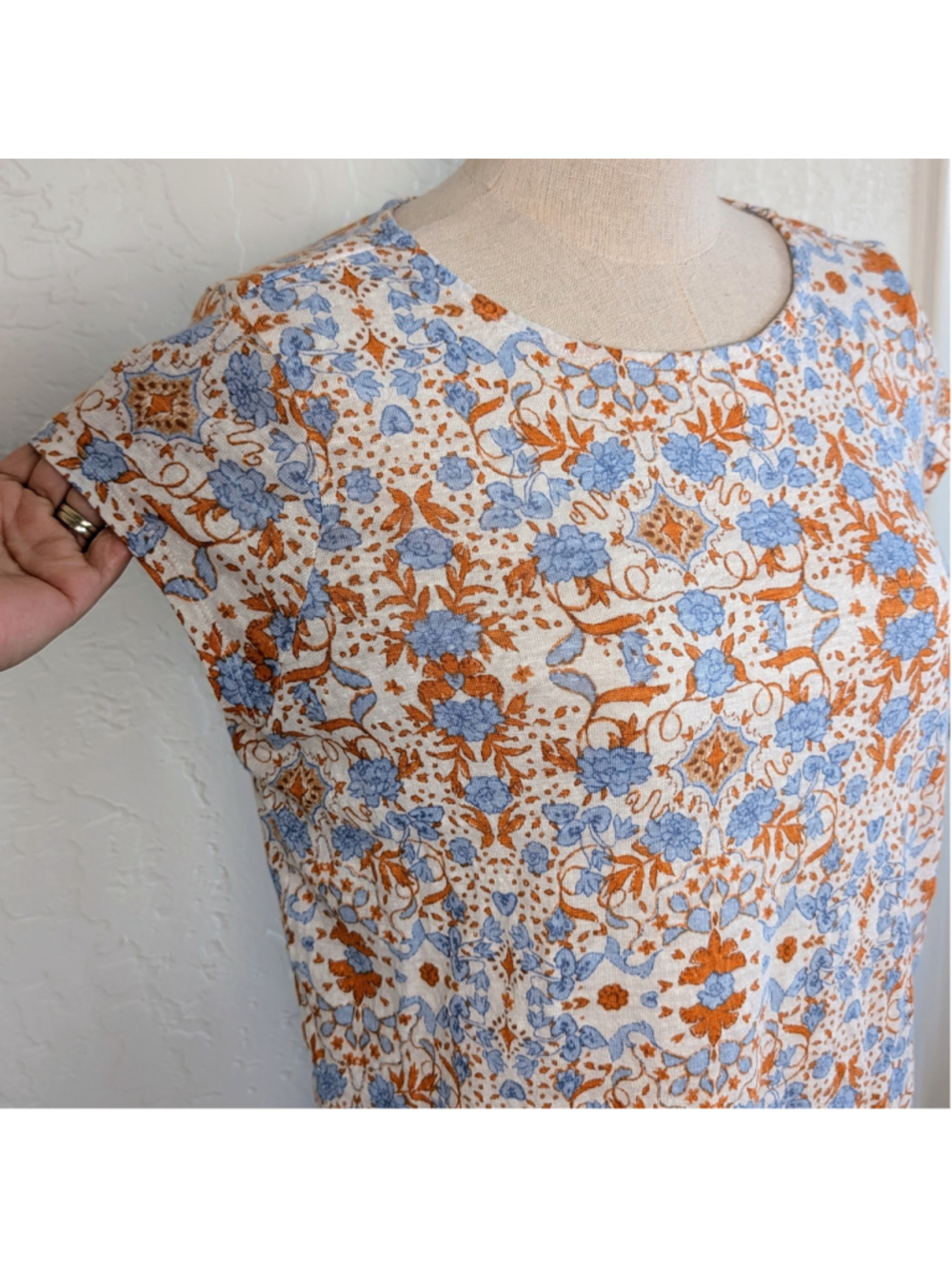 Rachel Zoe Linen Top M Blue Orange Floral Boho Coastal Lightweight Blouse - Picture 3 of 12